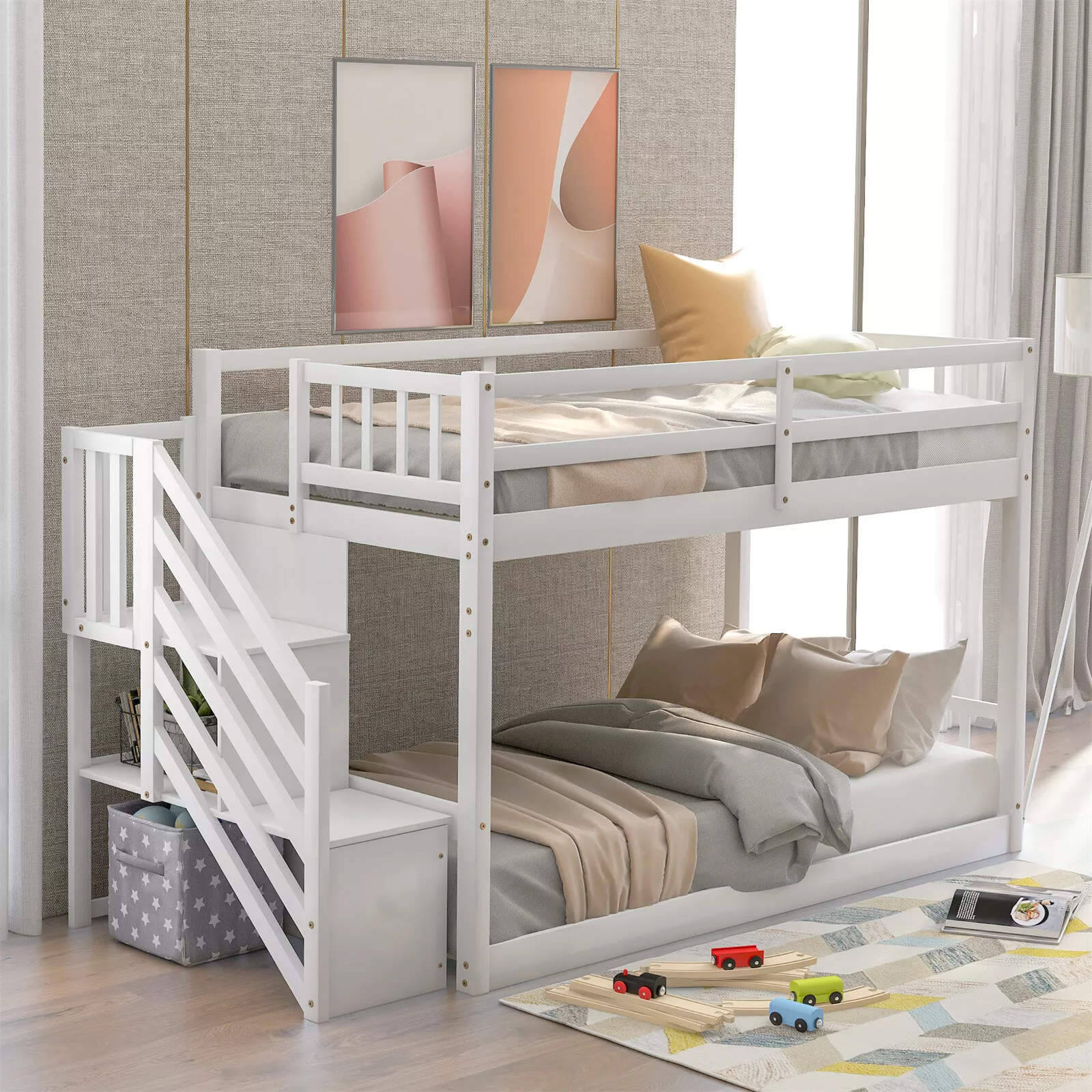 Wood Frame Twin over Twin Floor Bunk Bed Ladder wi